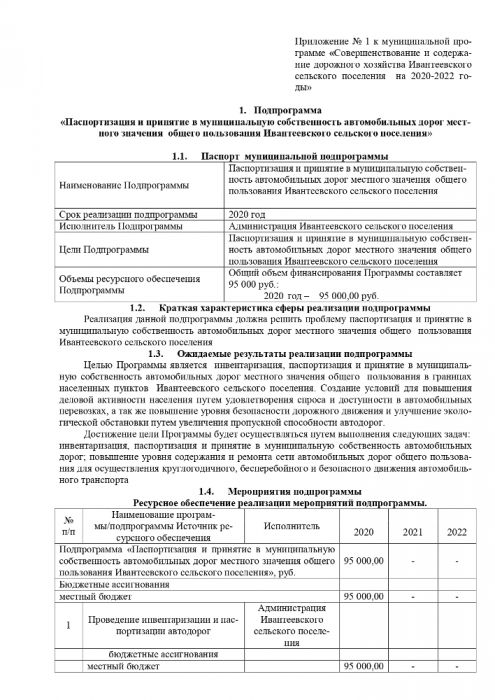 Об утверждении муниципальной программы «Совершенствование и содержание дорожного хозяйства Ивантеевского сельского поселения на 2020-2022 годы»